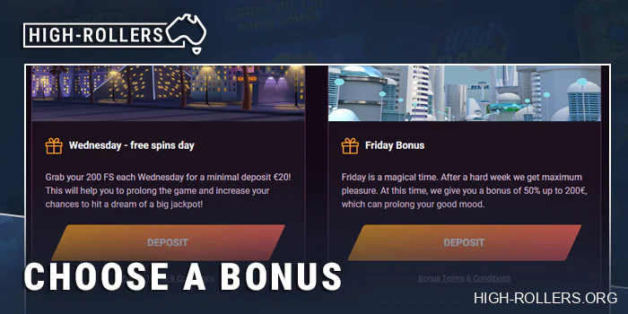 Get a bonus in the promotions section of the high roller casino